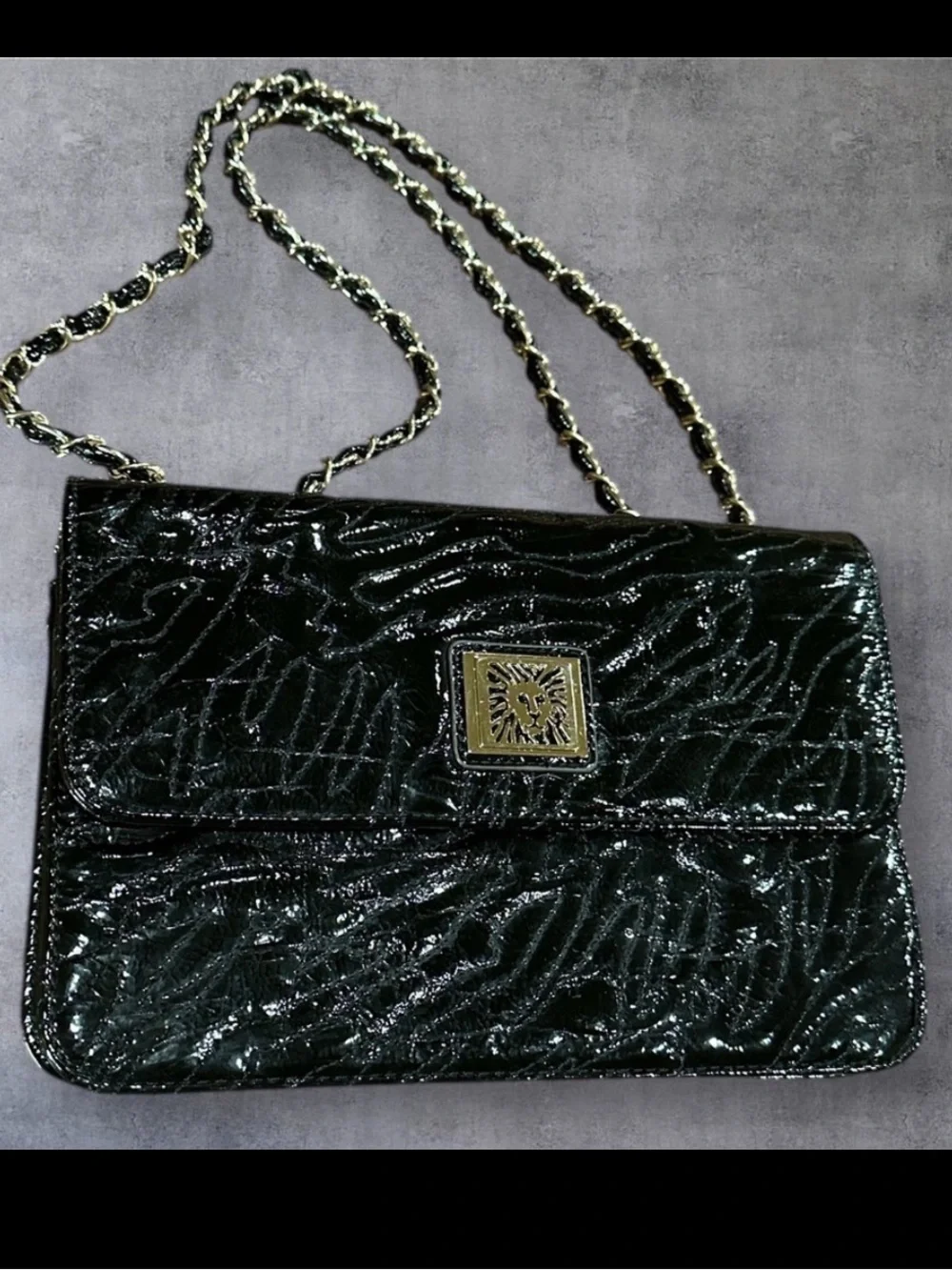 NEW Anne Klein Black patent Lion Lady Adjustable shoulder strap bag